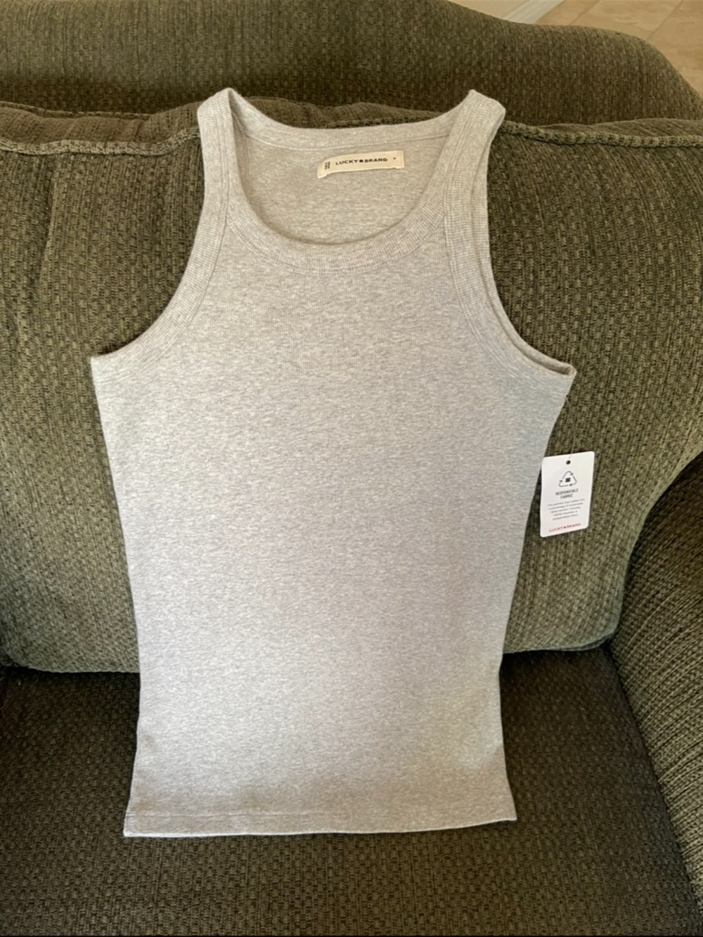 LUCKY BRAND NWTs Light Gray Heathered Mini-Ribbed Stretchy Tank Top Sz S